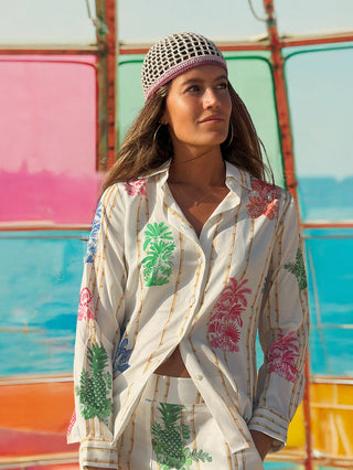 Vilagallo Bamboo Print Blouse Ivory Green Blue Tea - MMJs Fashion