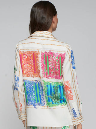 Vilagallo Bamboo Print Blouse Ivory Green Blue Tea - MMJs Fashion