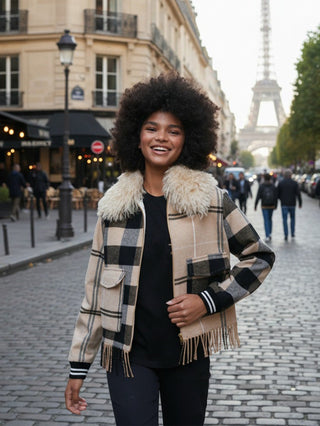 Vilagallo Checked Bomber Jacket with Fringes Beige Black - MMJs Fashion