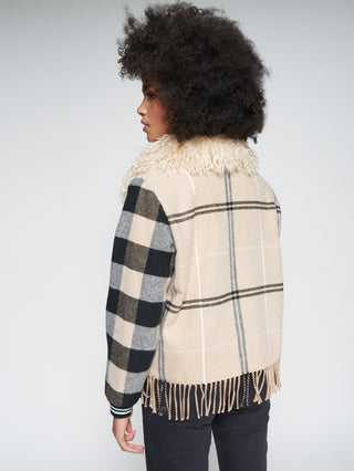 Vilagallo Checked Bomber Jacket with Fringes Beige Black - MMJs Fashion