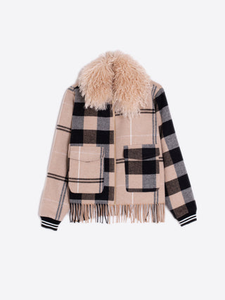 Vilagallo Checked Bomber Jacket with Fringes Beige Black - MMJs Fashion