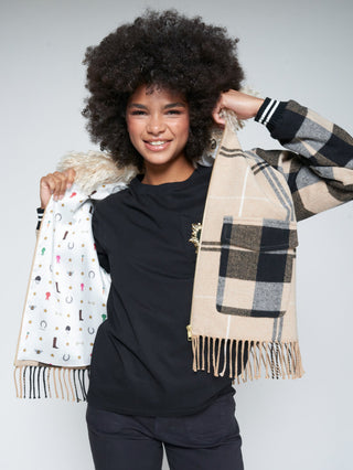 Vilagallo Checked Bomber Jacket with Fringes Beige Black - MMJs Fashion