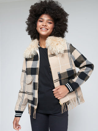 Vilagallo Checked Bomber Jacket with Fringes Beige Black - MMJs Fashion