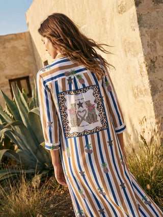 Vilagallo Cherry & Stripe Dress Blue Beige Stina - MMJs Fashion