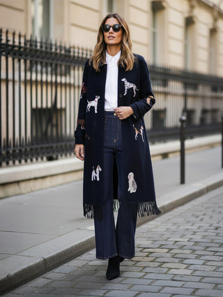 Vilagallo Embroidered Checked Coat Navy Blue Berenice - MMJs Fashion