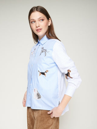 Vilagallo Embroidered Dogs Striped Blouse Blue Isa - MMJs Fashion