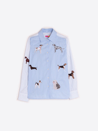 Vilagallo Embroidered Dogs Striped Blouse Blue Isa - MMJs Fashion