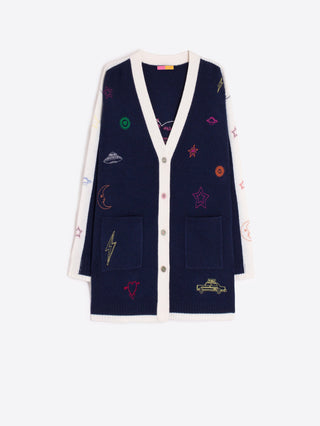 Vilagallo Embroidered Love Motif Cardigan Navy Blue Ivory - MMJs Fashion