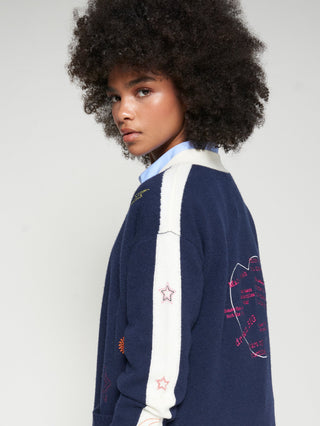 Vilagallo Embroidered Love Motif Cardigan Navy Blue Ivory - MMJs Fashion