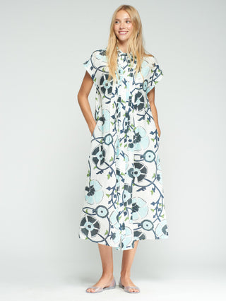 Vilagallo Flower Print Linen Dress Blue Jaretas - MMJs Fashion