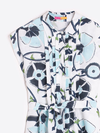 Vilagallo Flower Print Linen Dress Blue Jaretas - MMJs Fashion