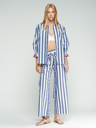 Vilagallo Flower Trim Striped Blouse Blue White - MMJs Fashion