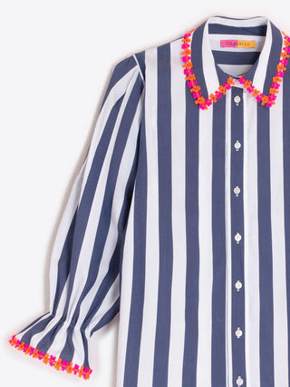Vilagallo Flower Trim Striped Blouse Blue White - MMJs Fashion