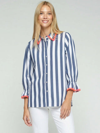 Vilagallo Flower Trim Striped Blouse Blue White - MMJs Fashion