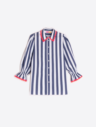 Vilagallo Flower Trim Striped Blouse Blue White - MMJs Fashion