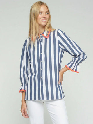 Vilagallo Flower Trim Striped Blouse Blue White - MMJs Fashion