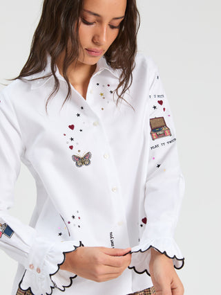 Vilagallo Frill Cuff Embroidered Blouse White Alba - MMJs Fashion