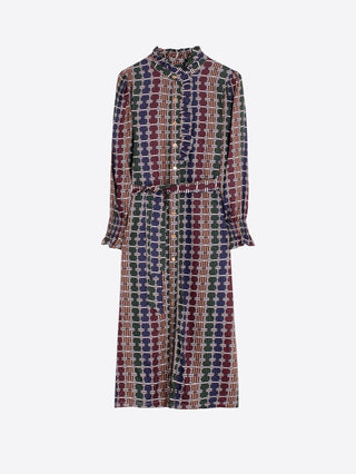 Vilagallo Geometric Circles Dress Blue Beige Gomitas Volante - MMJs Fashion