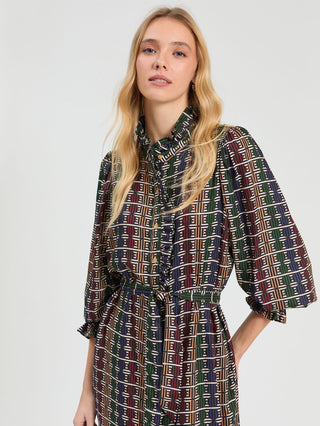 Vilagallo Geometric Circles Dress Blue Beige Gomitas Volante - MMJs Fashion