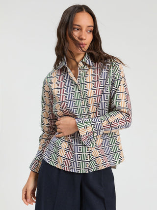 Vilagallo Geometric Print Blouse Blue Green Alba - MMJs Fashion