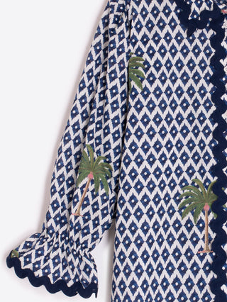 Vilagallo Ikat Palm Tree Print Blouse Blue - MMJs Fashion