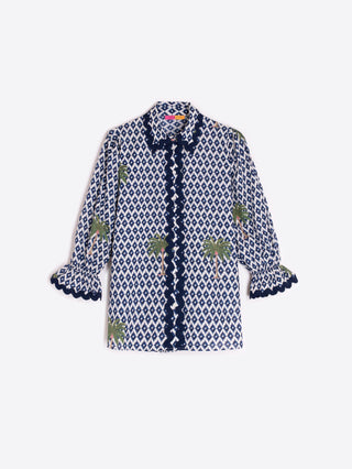 Vilagallo Ikat Palm Tree Print Blouse Blue - MMJs Fashion