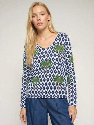 Vilagallo Ikat Palm Tree Print Jumper Blue - MMJs Fashion