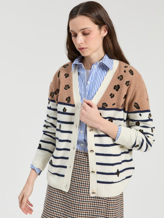 Vilagallo Leopard Print Stripe Cardigan Brown Blue Ivory - MMJs Fashion