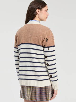 Vilagallo Leopard Print Stripe Cardigan Brown Blue Ivory - MMJs Fashion