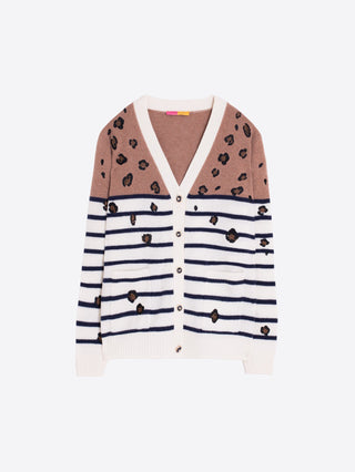 Vilagallo Leopard Print Stripe Cardigan Brown Blue Ivory - MMJs Fashion