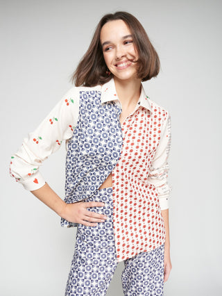 Vilagallo Mixed Print Blouse Ivory Blue Red Tea - MMJs Fashion
