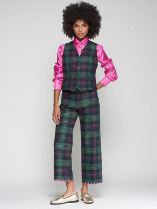 Vilagallo Scalloped Trim Tartan Trousers Green Blue Dorin - MMJs Fashion