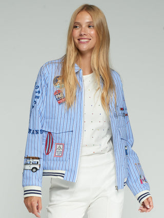 Vilagallo Striped Embroidered Bomber Jacket Blue - MMJs Fashion