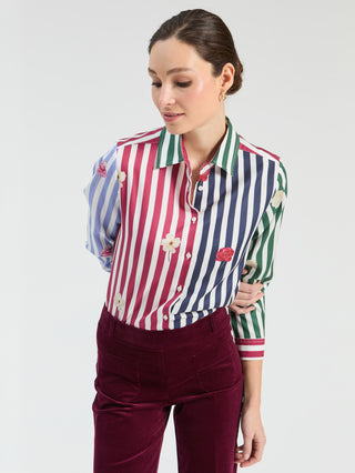 Vilagallo Striped Flower Print Blouse Blue Red Tea - MMJs Fashion