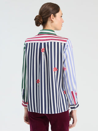 Vilagallo Striped Flower Print Blouse Blue Red Tea - MMJs Fashion
