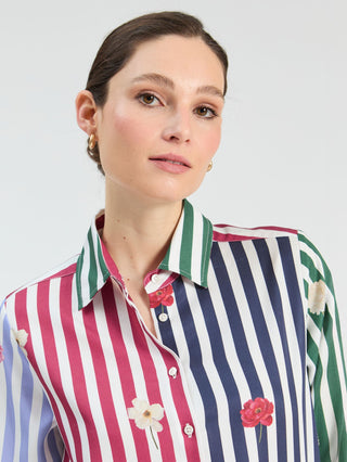 Vilagallo Striped Flower Print Blouse Blue Red Tea - MMJs Fashion