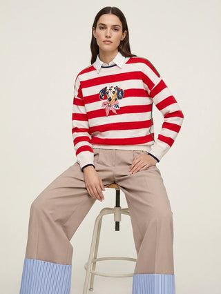 Vilagallo Striped Jumper with Dog Embroidery Red Blue - MMJs Fashion