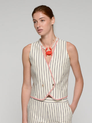 Vilagallo Striped Red Trim Waistcoat Ivory Nuria - MMJs Fashion