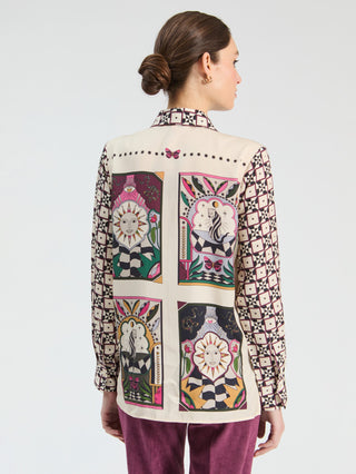 Vilagallo Sun Geometric Print Blouse Beige Red Isa - MMJs Fashion