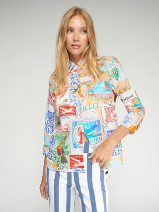 Vilagallo Travel Stamp Print Blouse Blue Multi - MMJs Fashion