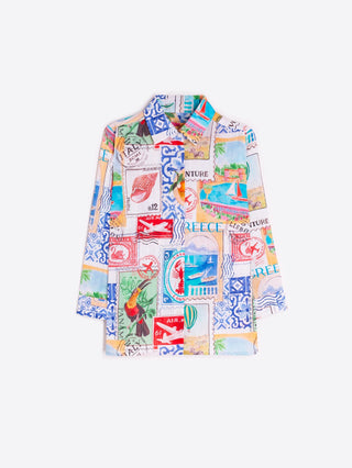 Vilagallo Travel Stamp Print Blouse Blue Multi - MMJs Fashion