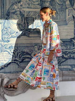 Vilagallo Travel Stamp Print Blouse Blue Multi - MMJs Fashion