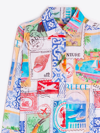 Vilagallo Travel Stamp Print Blouse Blue Multi - MMJs Fashion