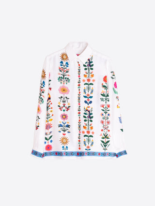Vilagallo Vertical Flowers Blouse White Green Tea - MMJs Fashion