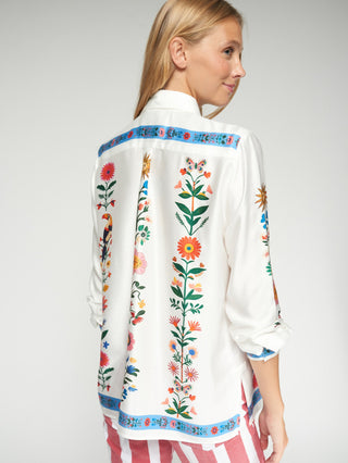 Vilagallo Vertical Flowers Blouse White Green Tea - MMJs Fashion