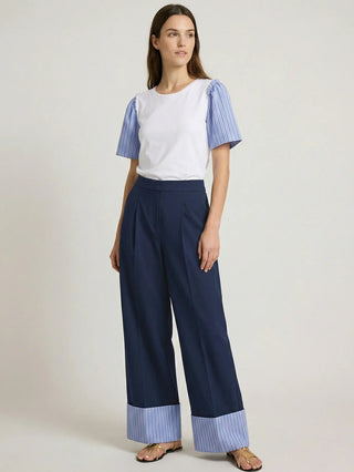 Vilagallo Wide Leg Turn Up Trousers Navy Blue - MMJs Fashion