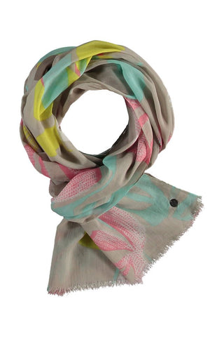 Fraas Scarf Grey Turquoise Leaf Pattern - MMJs Fashion