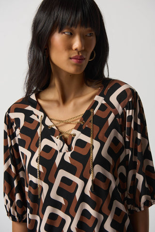 Joseph Ribkoff Geometric Print Top in Black Brown - MMJs Fashion