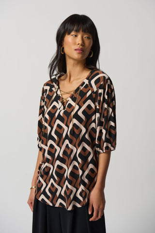 Joseph Ribkoff Geometric Print Top in Black Brown - MMJs Fashion