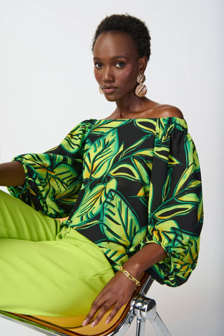 Joseph Ribkoff Leaf Print Top in Green and Black - MMJs Fashion